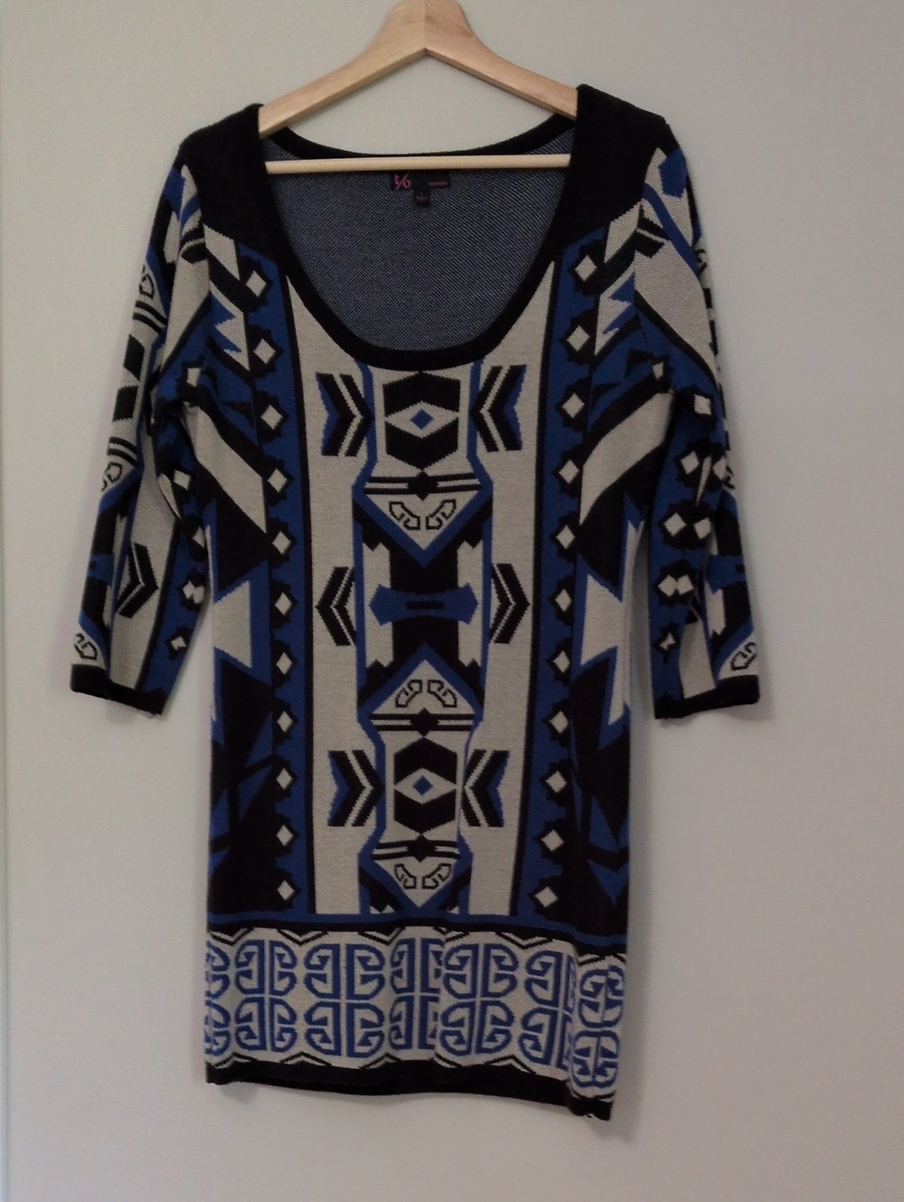 Geometric Pattern Scoop Neck Sweater Dress - Blue & Cream